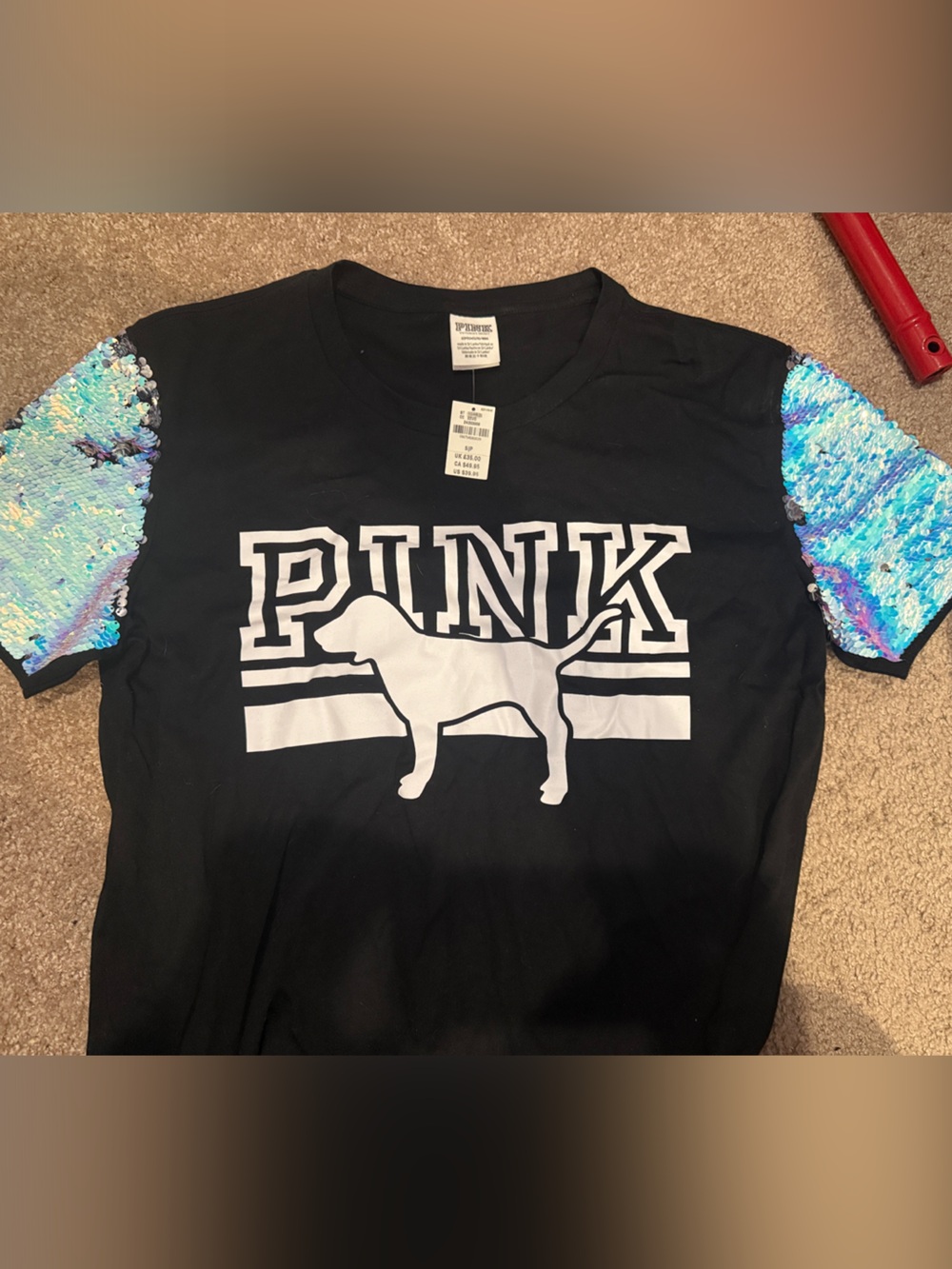 PINK Victoria's Secret Black Tee is with Iridescent Sequin Sleeves